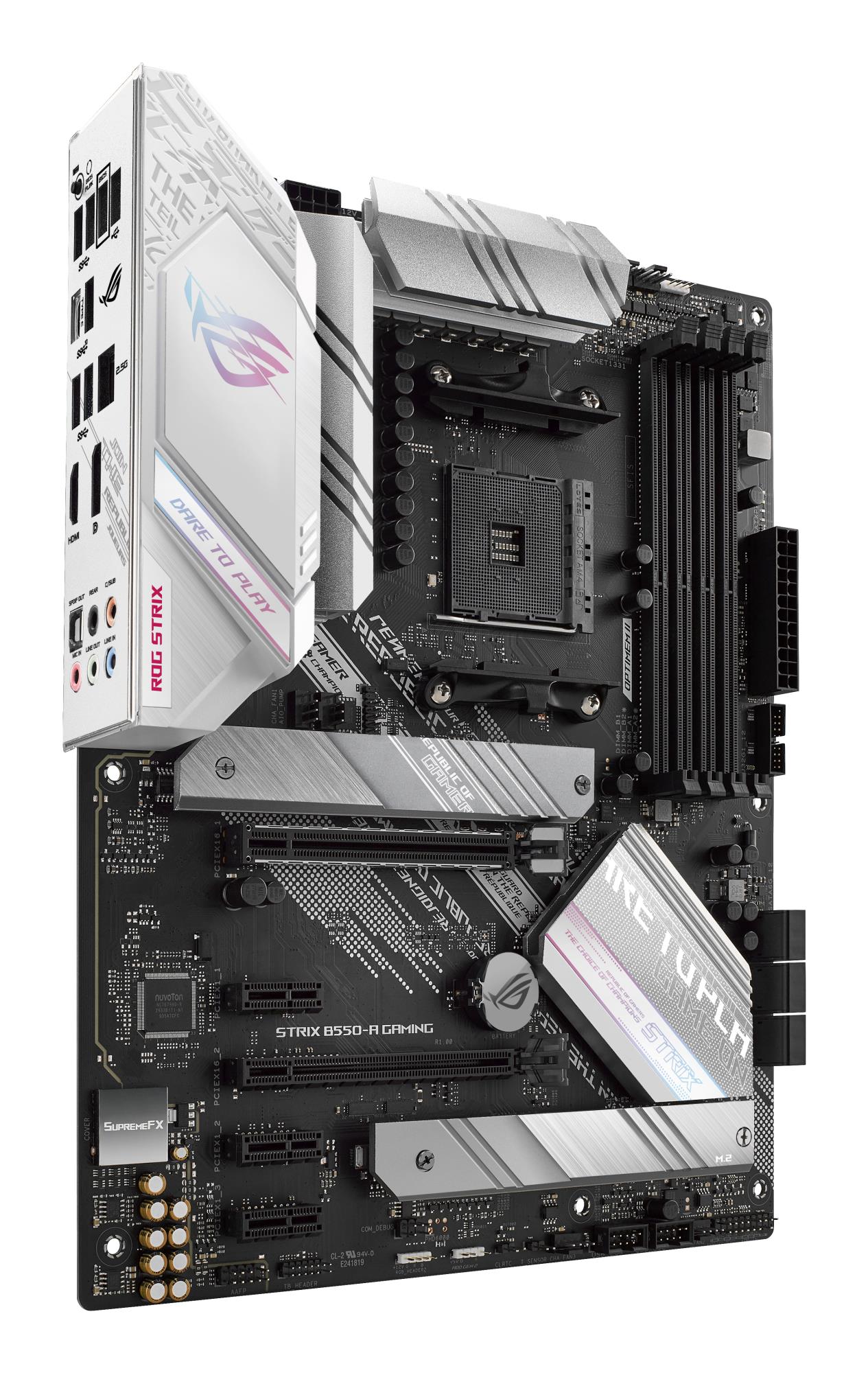Mainboard ASUS AMD B550 SAM4 ATX 3xPCI-Express 3.0 1x 1xPCI-Express 3.0 4x 1xPCI-Express 4.0 16x 2xM.2 Memory DDR4 Memory slots 4 1xHDMI 1xDisplayPort 2xAudio-In 3xAudio-Out 2xUSB 2.0 1xUSB type C 5xUSB 3.2 1xOptical S/PDIF 1xRJ45 ROGSTRIXB550-AGAMING