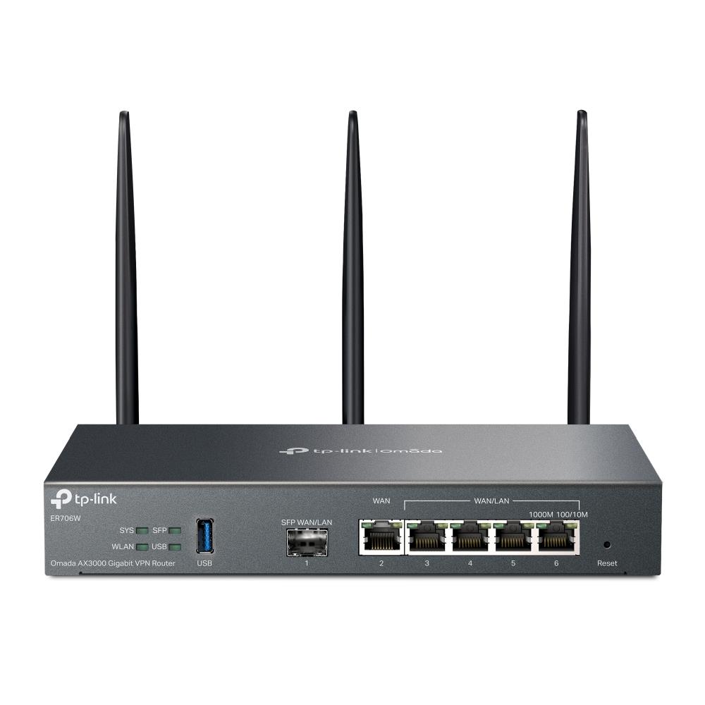 Wireless Router TP-LINK Omada AX3000 Gigabit VPN Router Data speed 3000 Mbit/s Ethernet WAN Yes WAN connection type SFP Ethernet LAN Yes 4xLAN ports USB port Yes ER706W