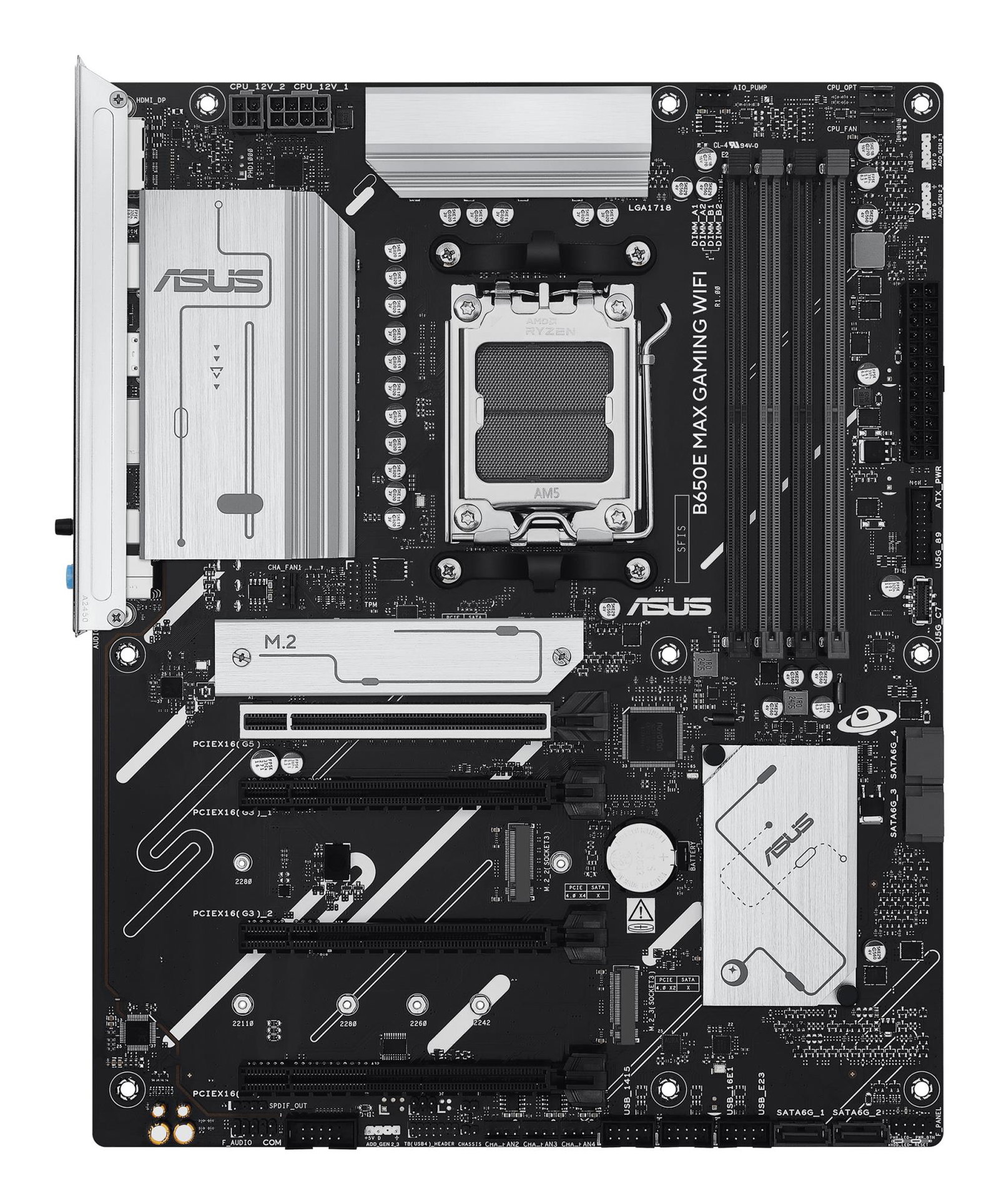 Mainboard ASUS AMD B650 SAM5 ATX Memory DDR5 Memory slots 4 2xPCI-Express 3.0 16x 1xPCI-Express 4.0 16x 1xPCI-Express 5.0 16x 3xM.2 1xHDMI 1xDisplayPort 2xUSB 2.0 5xUSB 3.2 1xUSB-C 1xRJ45 3xAudio port B650EMAXGAMINGWIFI