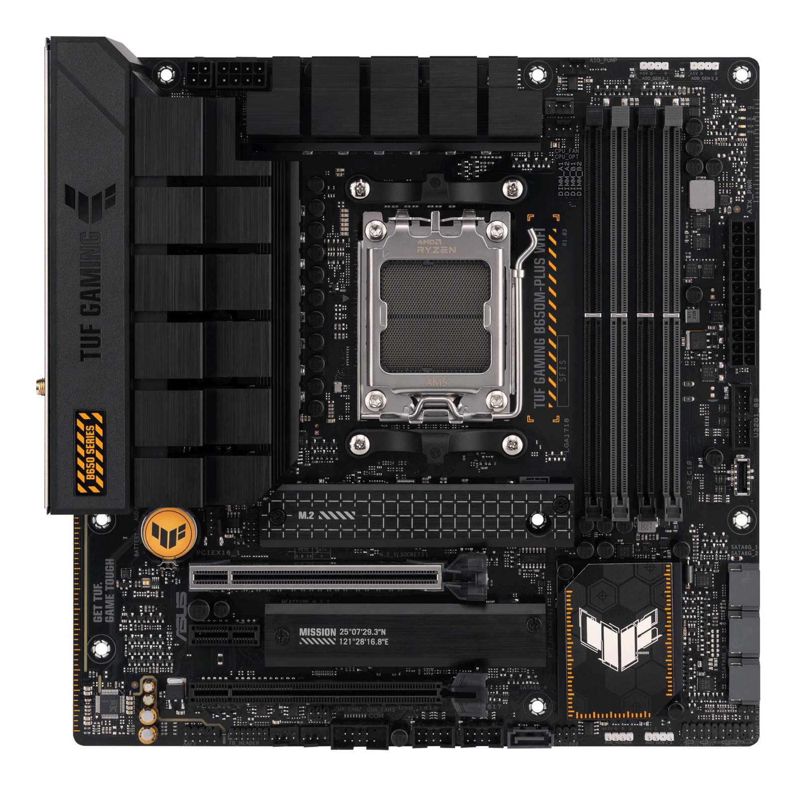 Mainboard ASUS AMD B650 SAM5 MicroATX Memory DDR5 Memory slots 4 1xPCI-Express 4.0 1x 1xPCI-Express 4.0 16x 2xM.2 1xHDMI 1xDisplayPort 4xUSB 2.0 3xUSB 3.2 1xUSB-C 1xRJ45 5xAudio port TUFGAMB650M-PLUSWIFI