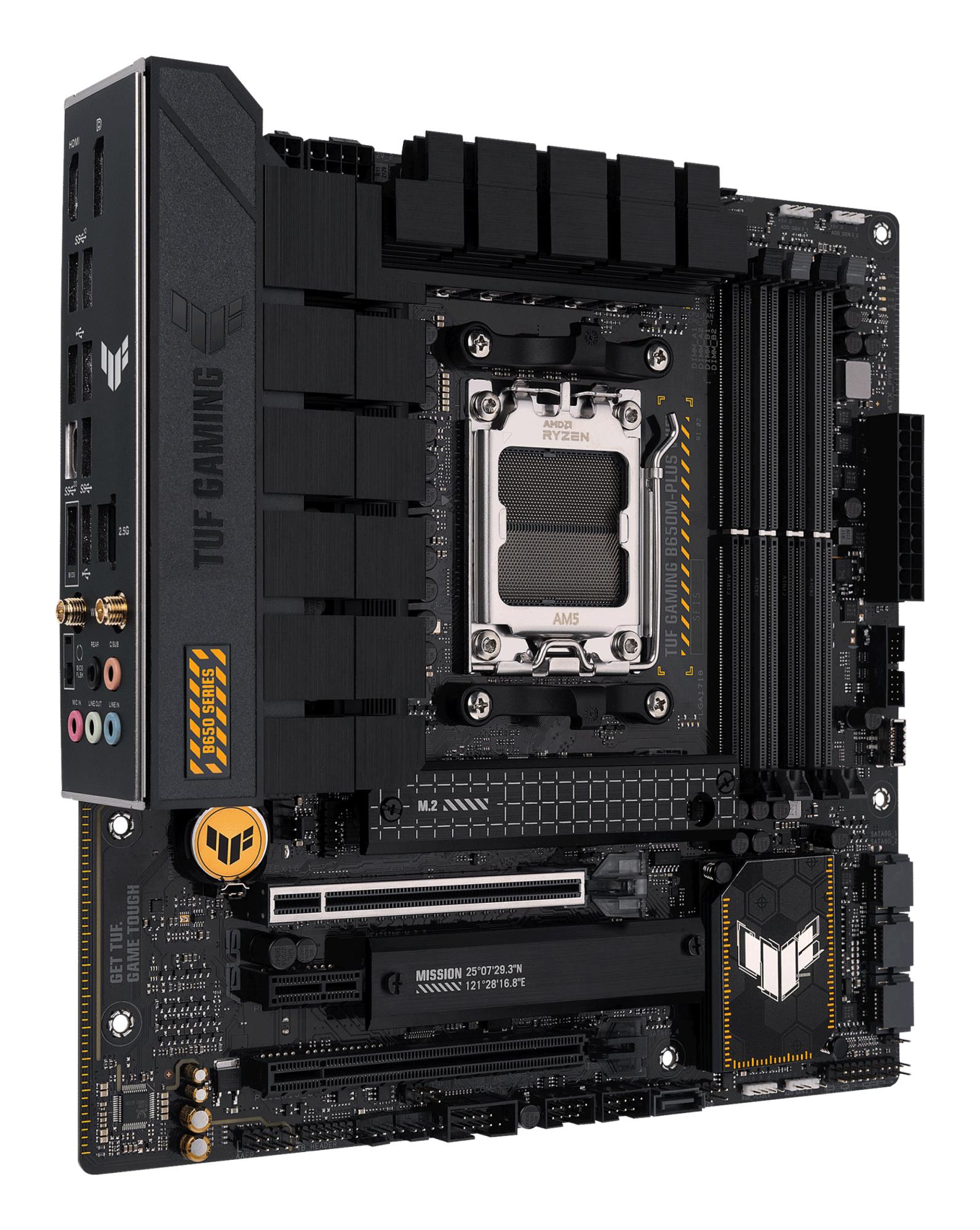 Mainboard ASUS AMD B650 SAM5 MicroATX Memory DDR5 Memory slots 4 1xPCI-Express 4.0 1x 1xPCI-Express 4.0 16x 2xM.2 1xHDMI 1xDisplayPort 4xUSB 2.0 3xUSB 3.2 1xUSB-C 1xRJ45 5xAudio port TUFGAMB650M-PLUSWIFI