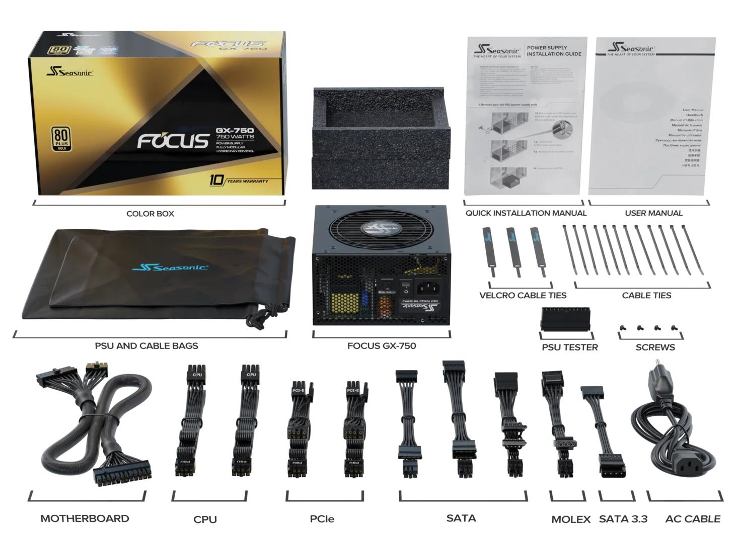 Power Supply SEASONIC FOCUS-GX-750-ATX31 750 Watts Efficiency 80 PLUS GOLD MTBF 100000 hours FOCUS-GX-750-ATX31