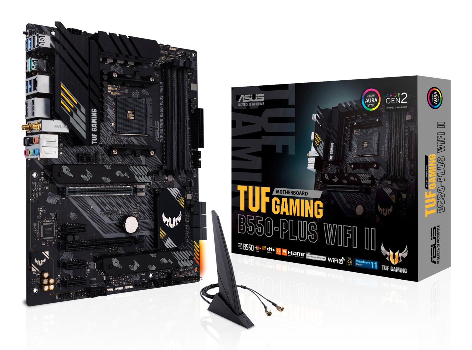 Mainboard ASUS AMD B550 SAM4 ATX Memory DDR4 Memory slots 4 1xPCI-Express 3.0 1x 1xPCI-Express 3.0 4x 1xPCI-Express 4.0 16x 2xM.2 1xHDMI 1xDisplayPort 2xAudio-In 3xAudio-Out 2xUSB 2.0 1xUSB type C 5xUSB 3.2 1xOptical S/PDIF 1xRJ45 TUFGAMB550-PLUSWIFIII