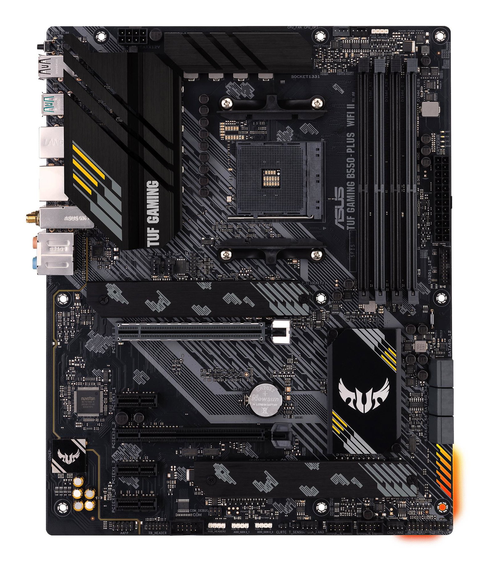Mainboard ASUS AMD B550 SAM4 ATX Memory DDR4 Memory slots 4 1xPCI-Express 3.0 1x 1xPCI-Express 3.0 4x 1xPCI-Express 4.0 16x 2xM.2 1xHDMI 1xDisplayPort 2xAudio-In 3xAudio-Out 2xUSB 2.0 1xUSB type C 5xUSB 3.2 1xOptical S/PDIF 1xRJ45 TUFGAMB550-PLUSWIFIII