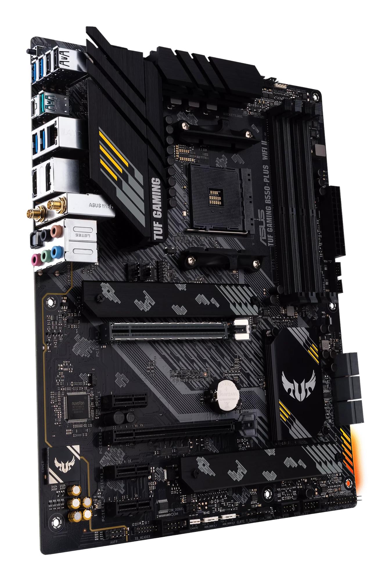 Mainboard ASUS AMD B550 SAM4 ATX Memory DDR4 Memory slots 4 1xPCI-Express 3.0 1x 1xPCI-Express 3.0 4x 1xPCI-Express 4.0 16x 2xM.2 1xHDMI 1xDisplayPort 2xAudio-In 3xAudio-Out 2xUSB 2.0 1xUSB type C 5xUSB 3.2 1xOptical S/PDIF 1xRJ45 TUFGAMB550-PLUSWIFIII