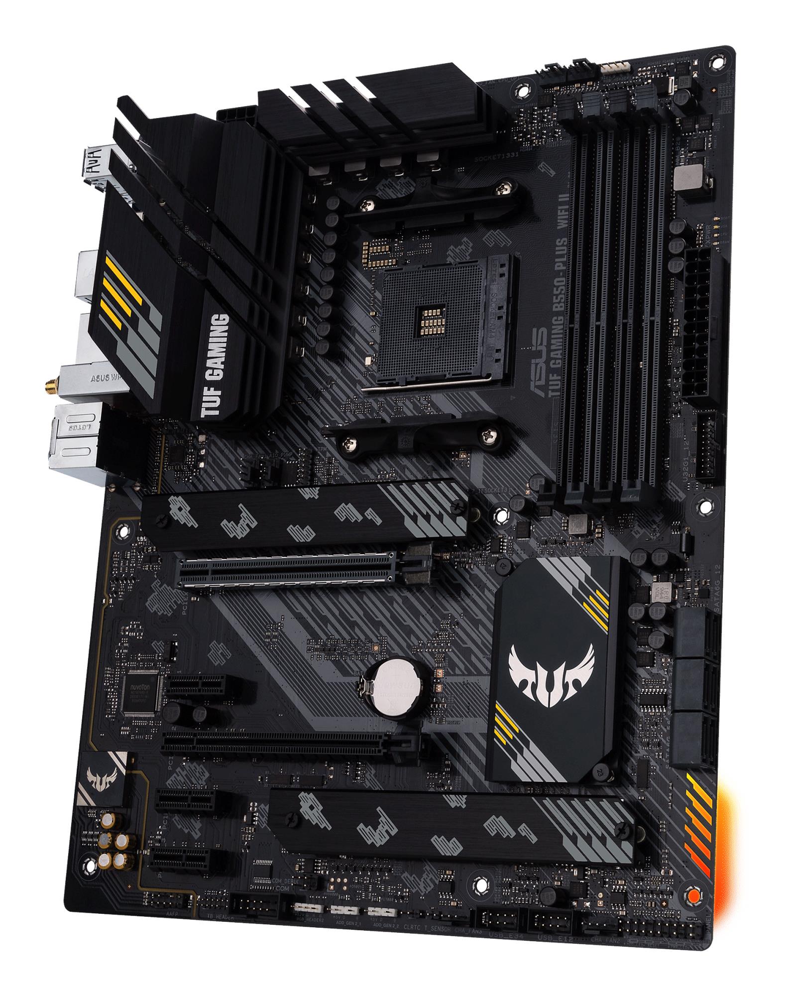 Mainboard ASUS AMD B550 SAM4 ATX Memory DDR4 Memory slots 4 1xPCI-Express 3.0 1x 1xPCI-Express 3.0 4x 1xPCI-Express 4.0 16x 2xM.2 1xHDMI 1xDisplayPort 2xAudio-In 3xAudio-Out 2xUSB 2.0 1xUSB type C 5xUSB 3.2 1xOptical S/PDIF 1xRJ45 TUFGAMB550-PLUSWIFIII