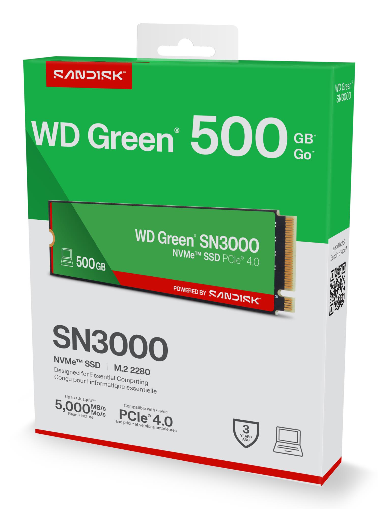 SSD SANDISK 150xTBW rating MTBF 1.75 h NVMe Yes PCI Express 4.0 M.2 500 GB POWERED BY SANDISK Green WDS500G4G0E
