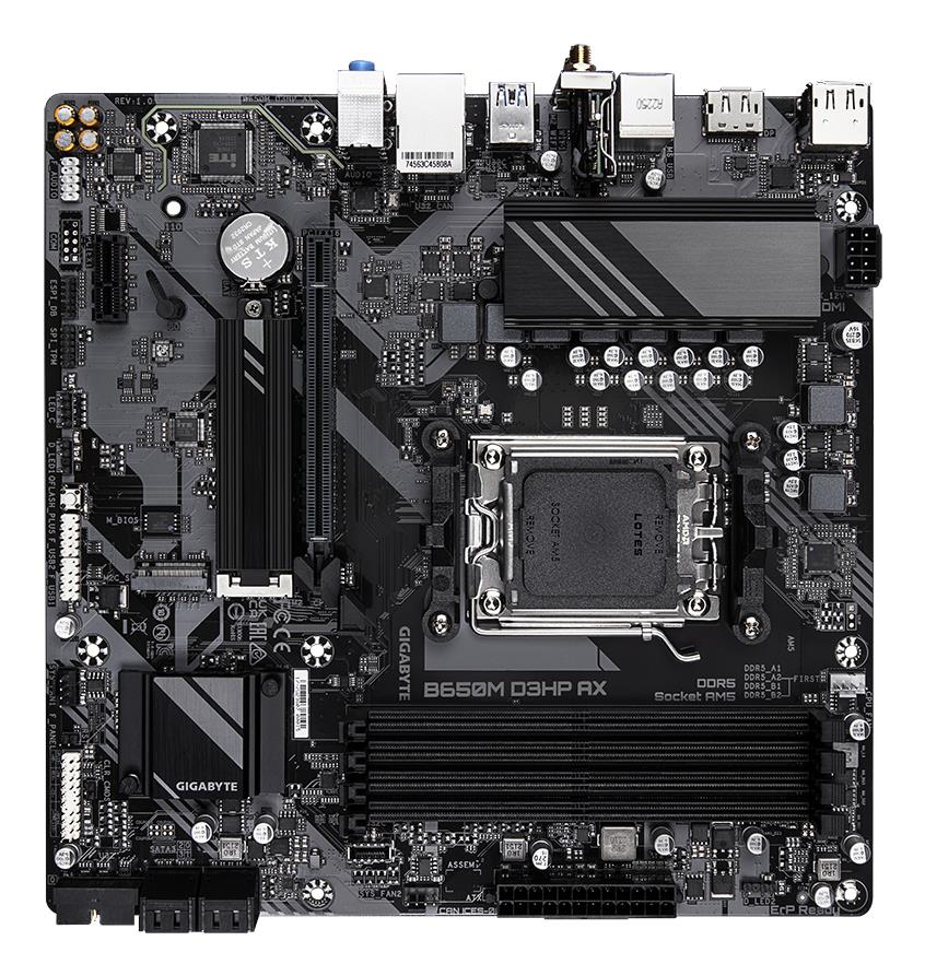 Mainboard GIGABYTE AMD B650 Socket AM5 micro ATX RAM DDR5-SDRAM 4xSlots Wi-Fi Yes Bluetooth Yes 2xNumber of M.2 (M) slots B650M D3HP AX 1.3 B650MD3HPAX1.3