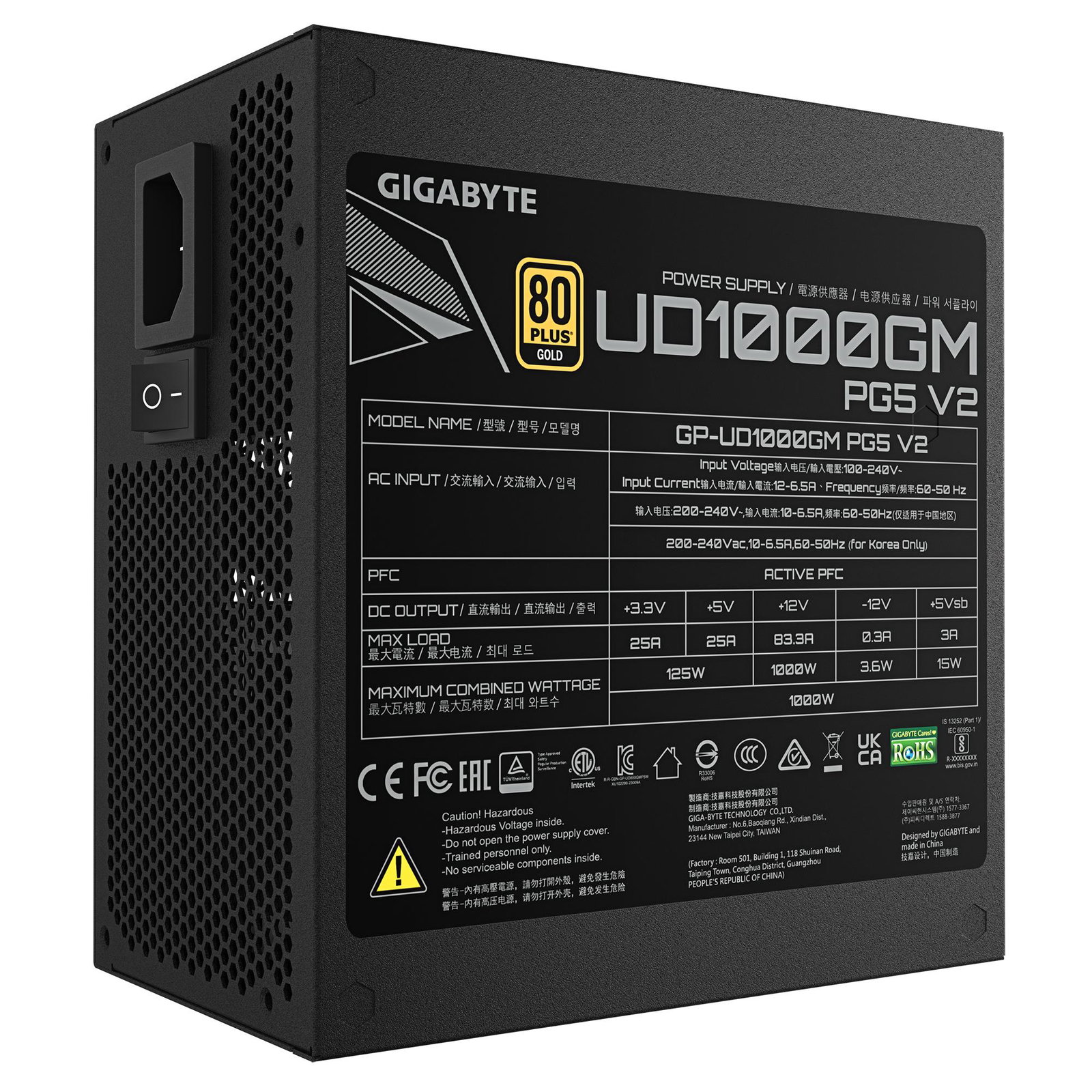 Power Supply GIGABYTE GP-UD1000GM ATX 3.1 1000 Watts Efficiency 80 PLUS GOLD PFC Active GP-UD1000GMPG5V2
