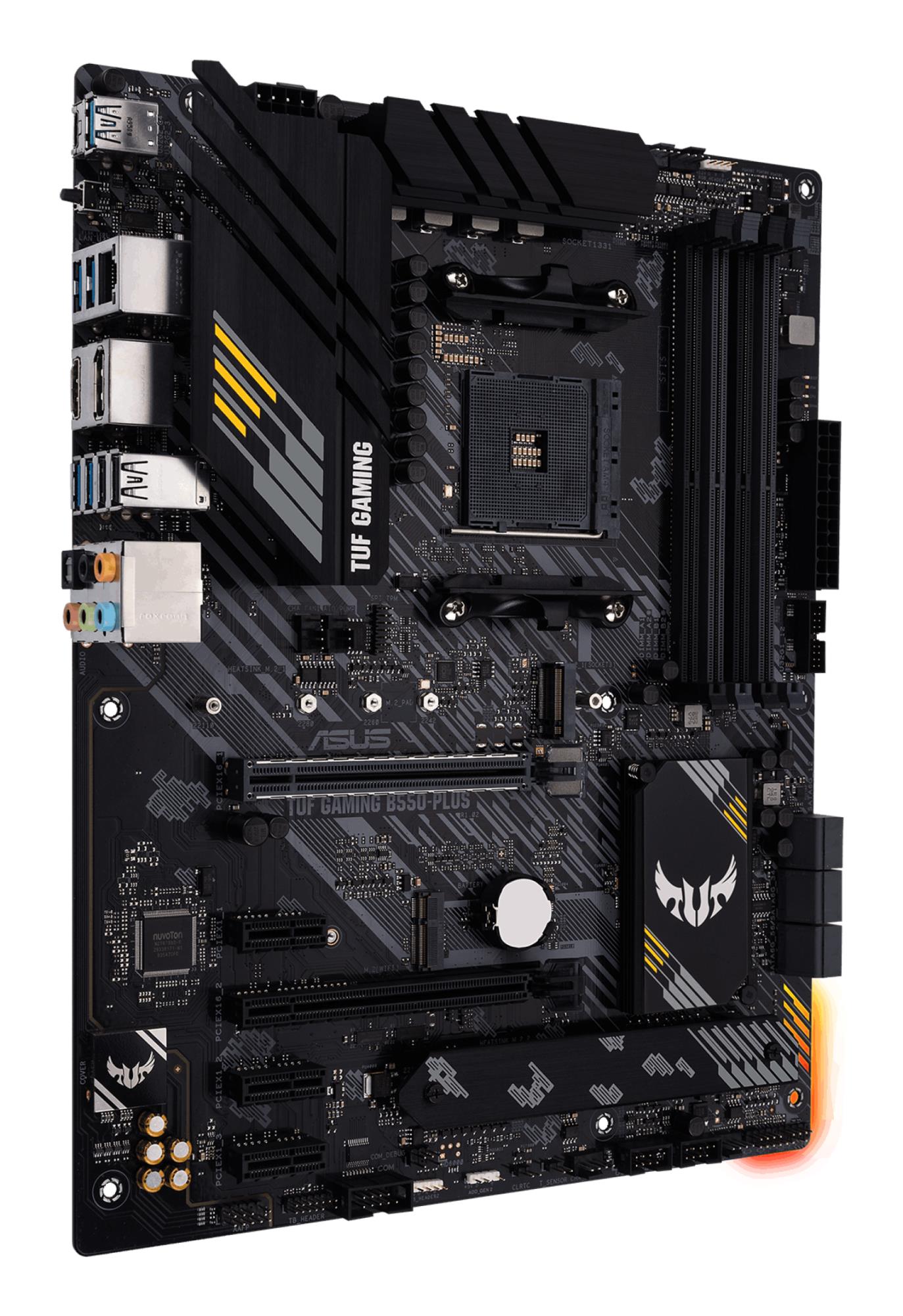 Mainboard ASUS AMD B550 SAM4 ATX 3xPCI-Express 3.0 1x 1xPCI-Express 3.0 16x 2xM.2 1xPCI-Express 4.0 16x Memory DDR4 Memory slots 4 1xHDMI 1xDisplayPort 1xUSB type C 5xUSB 3.2 1xOptical S/PDIF 1xRJ45 5xAudio port TUFGAMINGB550-PLUS