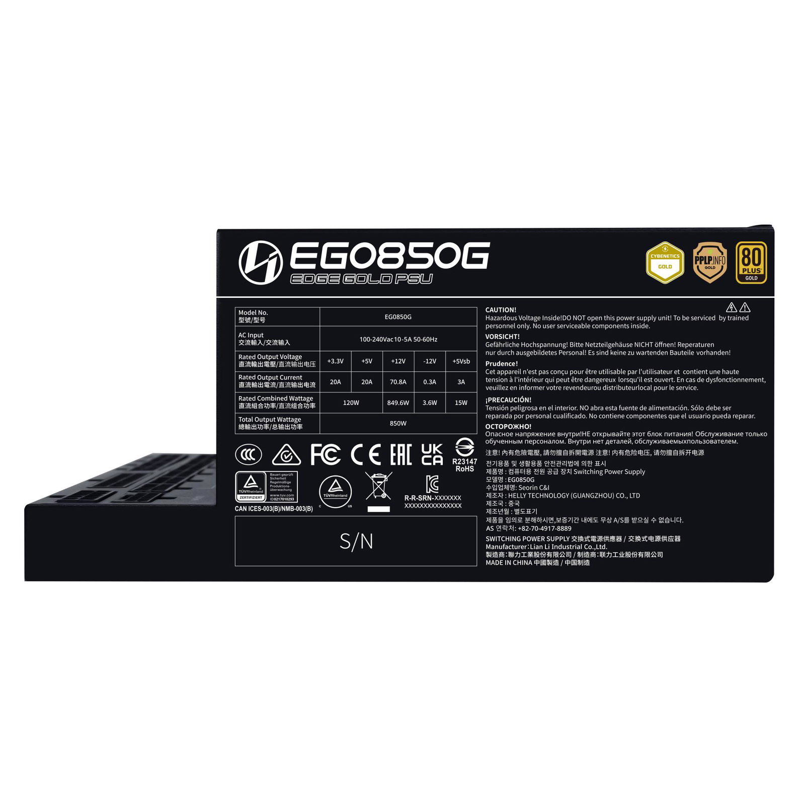 Power Supply LIAN LI EDGE GOLD 850 850 Watts Efficiency 80 PLUS GOLD PFC Active G9P.EG0850G.B000.EU