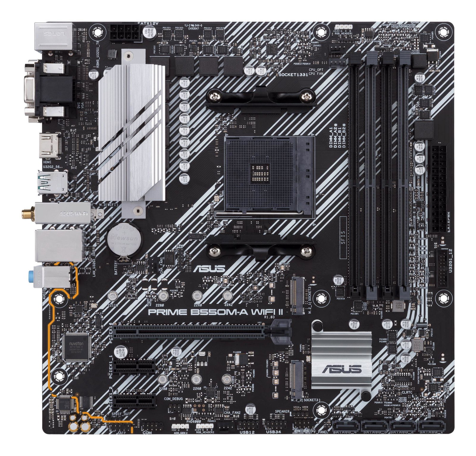 Mainboard ASUS AMD B550 SAM4 MicroATX Memory DDR4 Memory slots 4 2xPCI-Express 3.0 1x 1xPCI-Express 4.0 16x 2xM.2 1x15pin D-sub 1xDVI-D 1xHDMI 2xAudio-In 1xAudio-Out 6xUSB 3.2 1xPS/2 1xRJ45 PRIMEB550M-AWIFIII