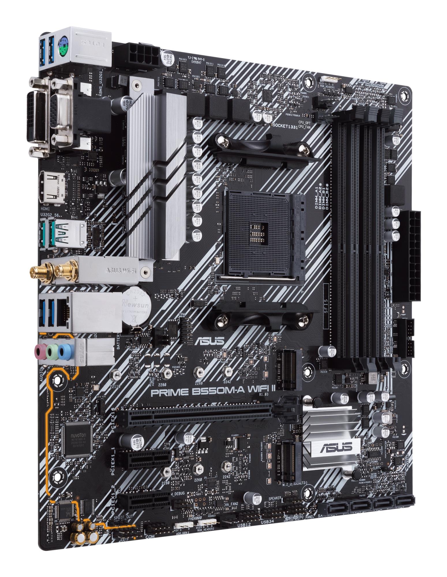 Mainboard ASUS AMD B550 SAM4 MicroATX Memory DDR4 Memory slots 4 2xPCI-Express 3.0 1x 1xPCI-Express 4.0 16x 2xM.2 1x15pin D-sub 1xDVI-D 1xHDMI 2xAudio-In 1xAudio-Out 6xUSB 3.2 1xPS/2 1xRJ45 PRIMEB550M-AWIFIII