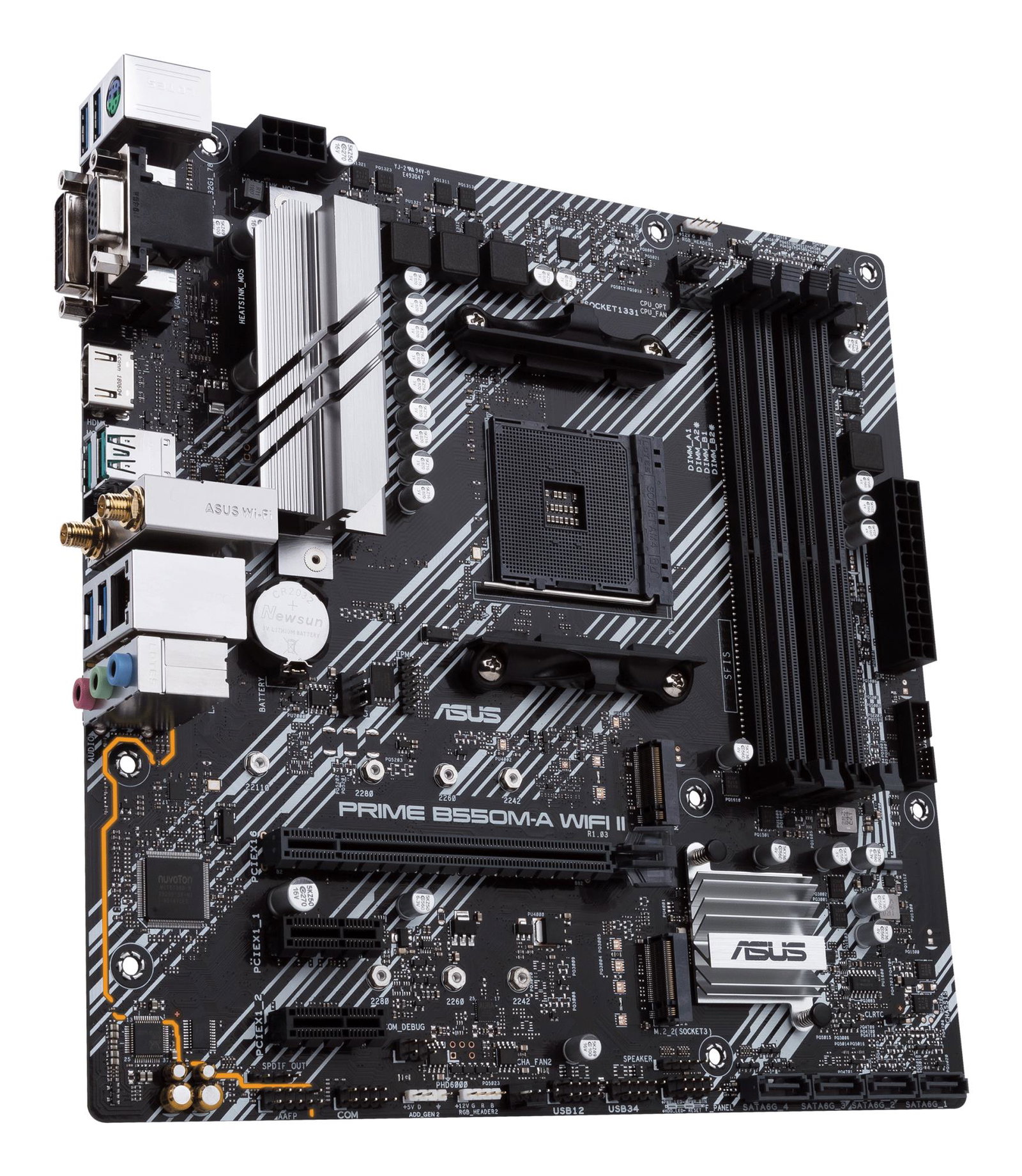 Mainboard ASUS AMD B550 SAM4 MicroATX Memory DDR4 Memory slots 4 2xPCI-Express 3.0 1x 1xPCI-Express 4.0 16x 2xM.2 1x15pin D-sub 1xDVI-D 1xHDMI 2xAudio-In 1xAudio-Out 6xUSB 3.2 1xPS/2 1xRJ45 PRIMEB550M-AWIFIII