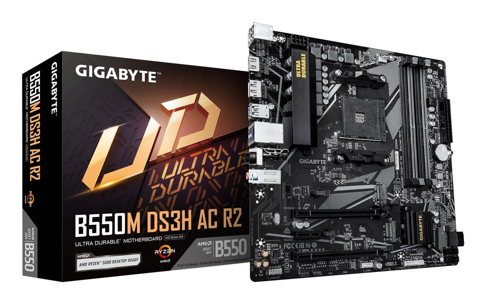 Mainboard GIGABYTE AMD B550 Socket AM4 micro ATX RAM DDR4-SDRAM 4xSlots Wi-Fi Yes Bluetooth Yes 2xNumber of M.2 (M) slots GIGABYTE B550M DS3H AC R2 B550MDS3HACR2