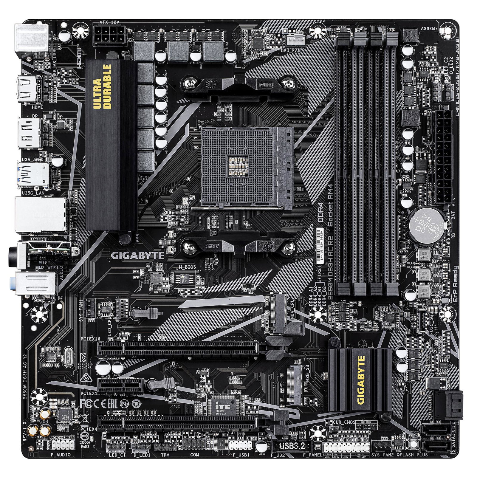 Mainboard GIGABYTE AMD B550 Socket AM4 micro ATX RAM DDR4-SDRAM 4xSlots Wi-Fi Yes Bluetooth Yes 2xNumber of M.2 (M) slots GIGABYTE B550M DS3H AC R2 B550MDS3HACR2