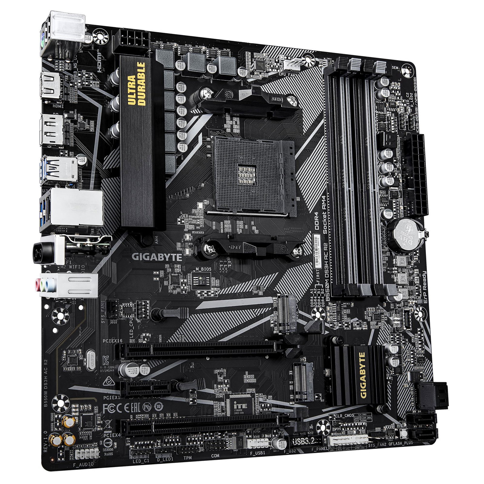 Mainboard GIGABYTE AMD B550 Socket AM4 micro ATX RAM DDR4-SDRAM 4xSlots Wi-Fi Yes Bluetooth Yes 2xNumber of M.2 (M) slots GIGABYTE B550M DS3H AC R2 B550MDS3HACR2