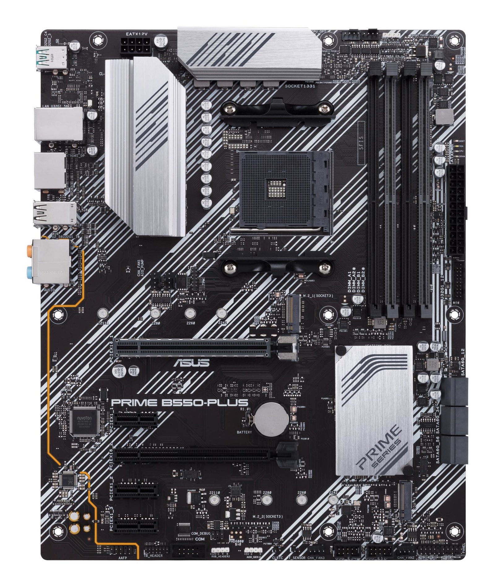 Mainboard ASUS AMD B550 SAM4 ATX 3xPCI-Express 3.0 1x 1xPCI-Express 3.0 16x 2xM.2 1xPCI-Express 4.0 16x Memory DDR4 Memory slots 4 1xHDMI 1xDisplayPort 2xUSB 2.0 1xUSB type C 5xUSB 3.2 1xOptical S/PDIF 1xRJ45 5xAudio port PRIMEB550-PLUS