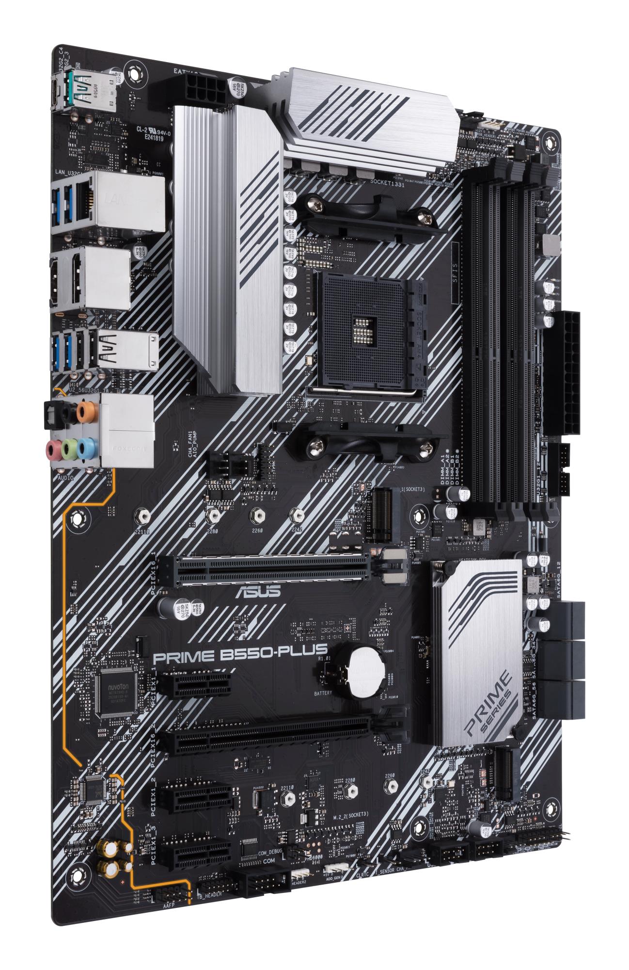 Mainboard ASUS AMD B550 SAM4 ATX 3xPCI-Express 3.0 1x 1xPCI-Express 3.0 16x 2xM.2 1xPCI-Express 4.0 16x Memory DDR4 Memory slots 4 1xHDMI 1xDisplayPort 2xUSB 2.0 1xUSB type C 5xUSB 3.2 1xOptical S/PDIF 1xRJ45 5xAudio port PRIMEB550-PLUS