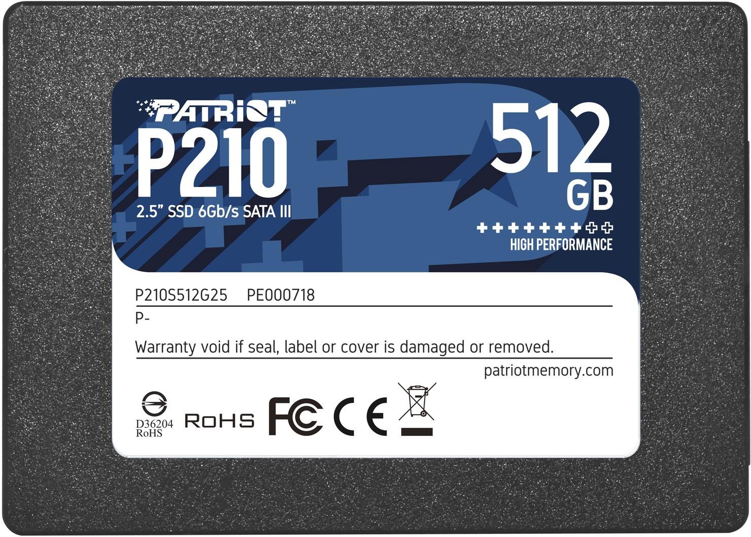SSD PATRIOT P210 512GB SATA 3.0 Write speed 430 MBytes/sec Read speed 520 MBytes/sec 2,5 TBW 240 TB P210S512G25