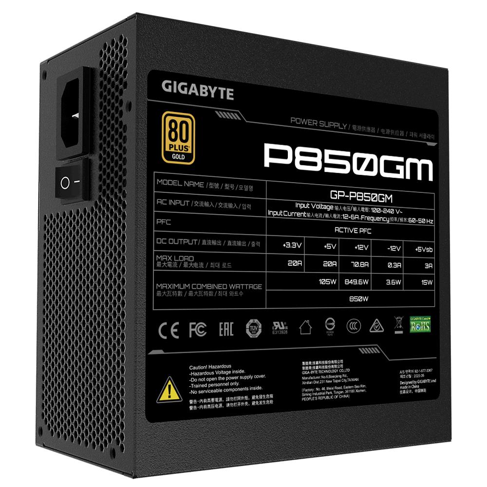 Power Supply GIGABYTE 850 Watts Efficiency 80 PLUS GOLD PFC Active MTBF 100000 hours GP-P850GM