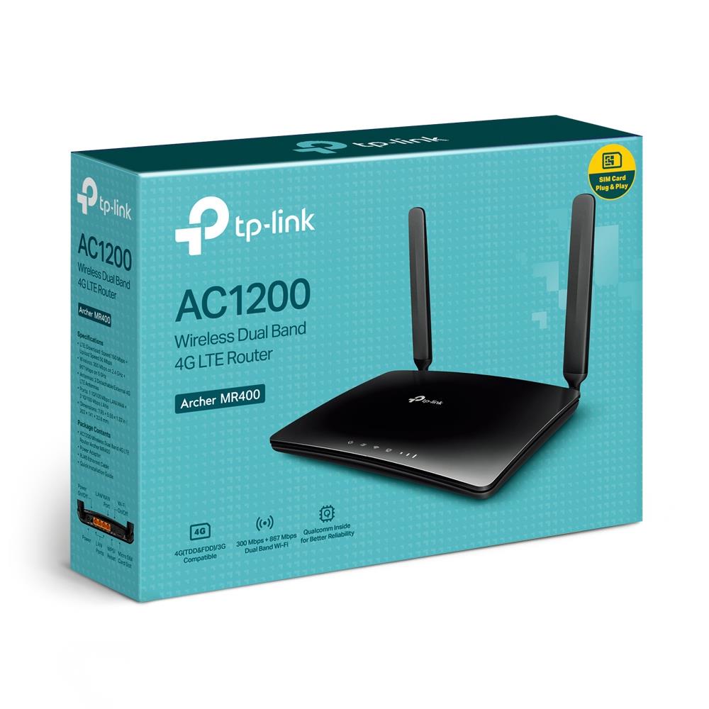 Wireless Router TP-LINK Router Modem 1200 Mbps IEEE 802.11a IEEE 802.11 b/g IEEE 802.11n IEEE 802.11ac 3x10/100M LAN \ WAN ports 1 Number of antennas 2 4G ARCHERMR400