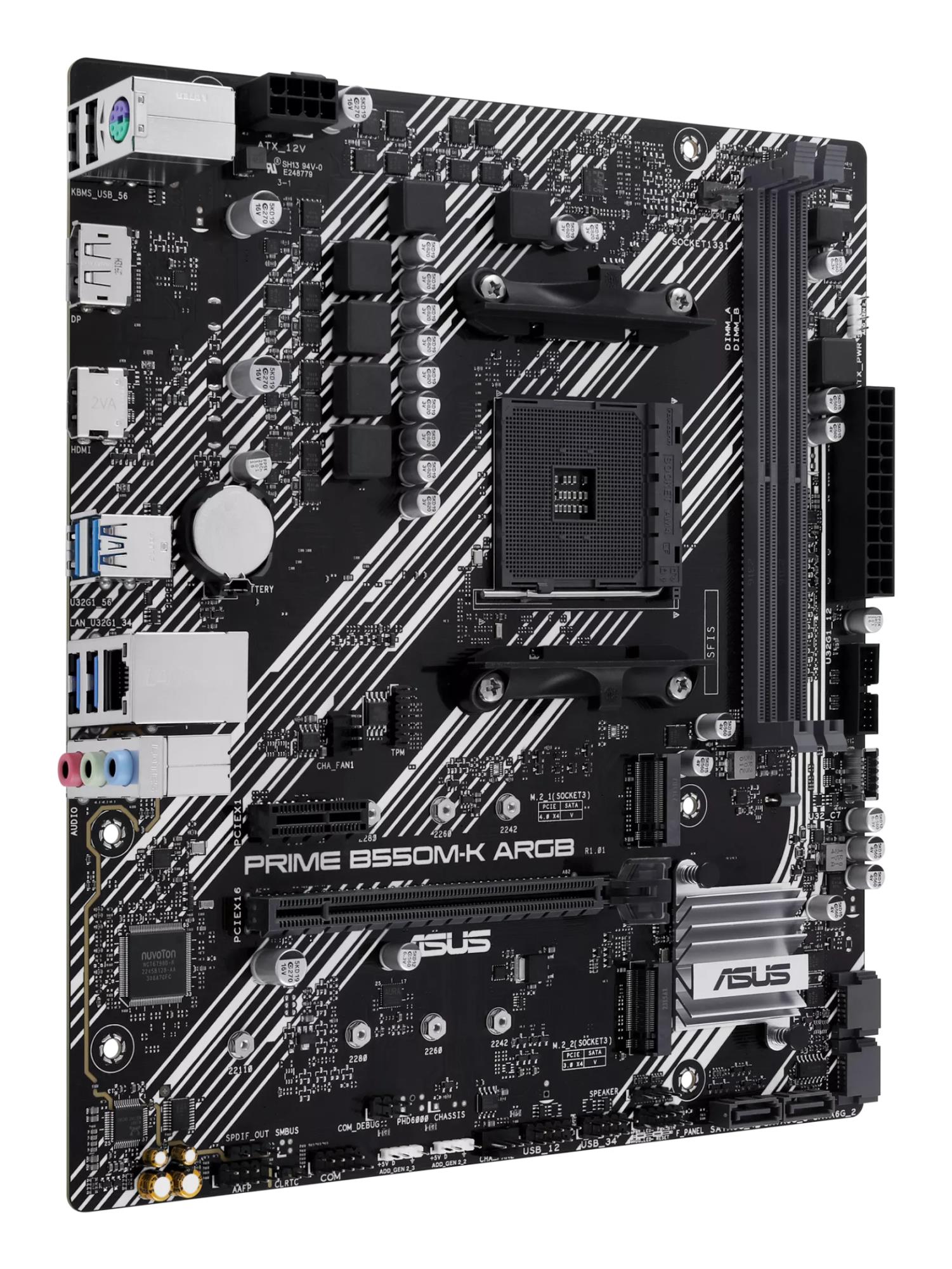 Mainboard ASUS AMD B550 SAM4 Micro-ATX Memory DDR4 Memory slots 2 1xPCI-Express 3.0 1x 1xPCI-Express 3.0 16x 1xPCI-Express 4.0 16x 1xM.2 1xHDMI 1xDisplayPort 1xAudio-In 1xAudio-Out 1xMicrophone 2xUSB 2.0 4xUSB 3.2 1xPS/2 1xRJ45 PRIMEB550M-KARGB