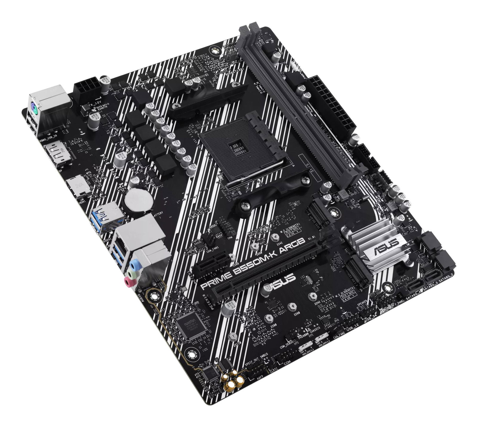 Mainboard ASUS AMD B550 SAM4 Micro-ATX Memory DDR4 Memory slots 2 1xPCI-Express 3.0 1x 1xPCI-Express 3.0 16x 1xPCI-Express 4.0 16x 1xM.2 1xHDMI 1xDisplayPort 1xAudio-In 1xAudio-Out 1xMicrophone 2xUSB 2.0 4xUSB 3.2 1xPS/2 1xRJ45 PRIMEB550M-KARGB