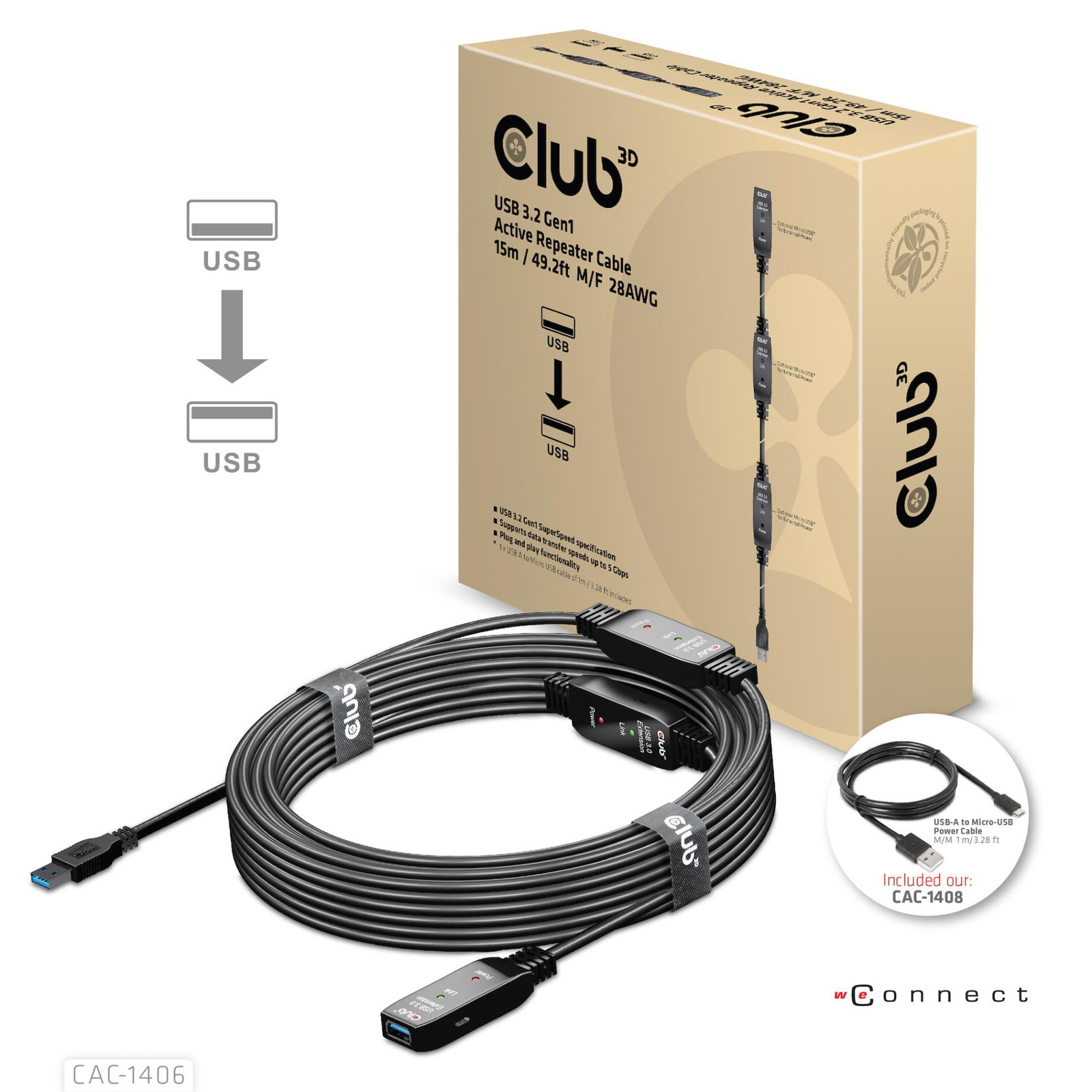 CABLE USB3.2 REPEATER 15M/M/F CAC-1406 CLUB3D