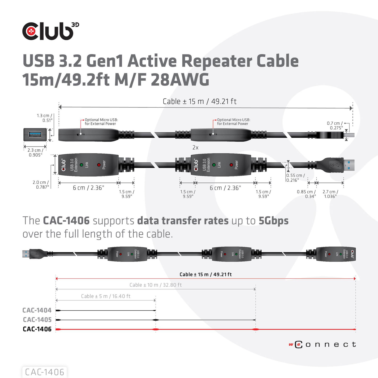 CABLE USB3.2 REPEATER 15M/M/F CAC-1406 CLUB3D