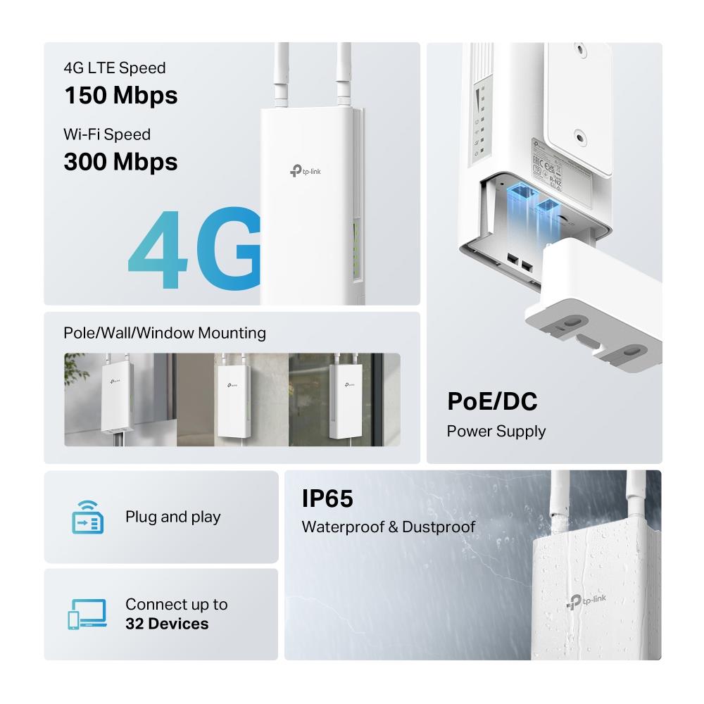 Wireless Router TP-LINK TL-MR100-OUTDOOR Wi-Fi 4 (802.11n) Data speed 300 Mbit/s Ethernet WAN Yes DSL WAN Yes SIM card slot Yes WAN connection type RJ-45 Ethernet LAN Yes 3G Yes 4G Yes 1xLAN ports TL-MR100-OUTDOOR