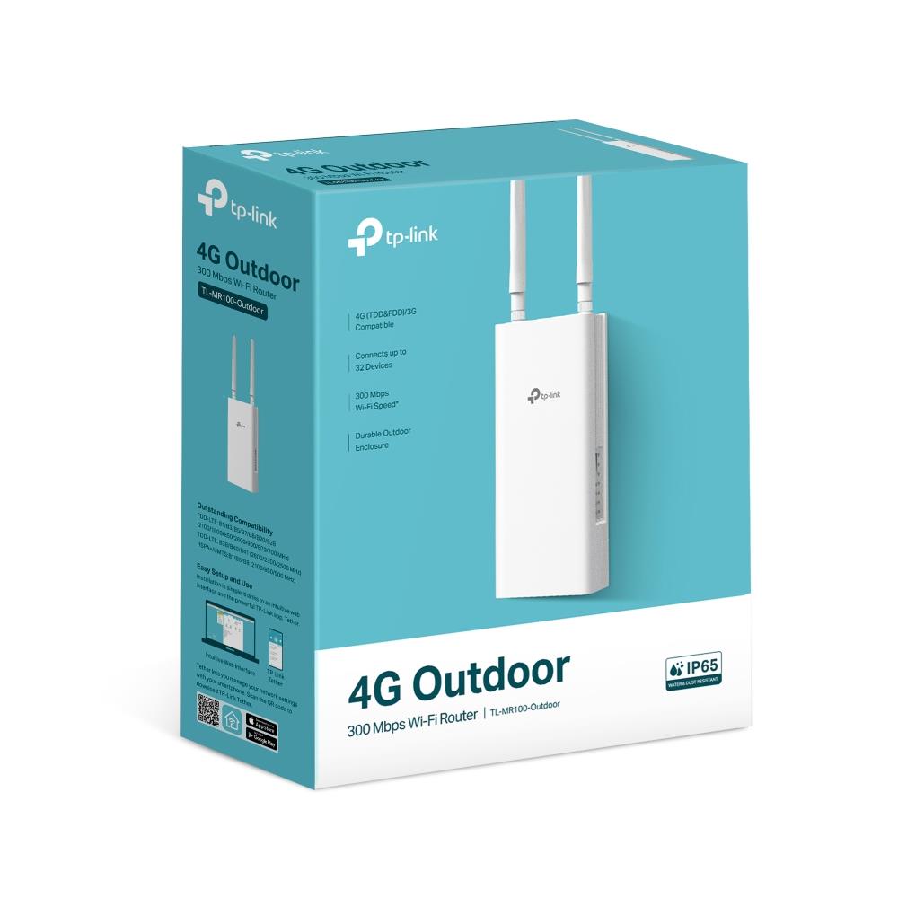 Wireless Router TP-LINK TL-MR100-OUTDOOR Wi-Fi 4 (802.11n) Data speed 300 Mbit/s Ethernet WAN Yes DSL WAN Yes SIM card slot Yes WAN connection type RJ-45 Ethernet LAN Yes 3G Yes 4G Yes 1xLAN ports TL-MR100-OUTDOOR