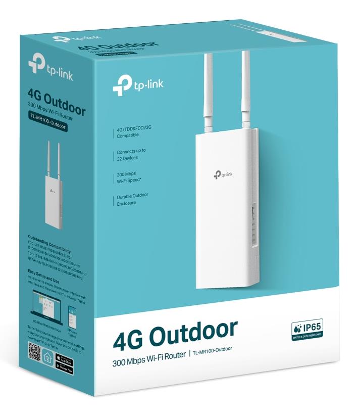 Wireless Router TP-LINK TL-MR100-OUTDOOR Wi-Fi 4 (802.11n) Data speed 300 Mbit/s Ethernet WAN Yes DSL WAN Yes SIM card slot Yes WAN connection type RJ-45 Ethernet LAN Yes 3G Yes 4G Yes 1xLAN ports TL-MR100-OUTDOOR