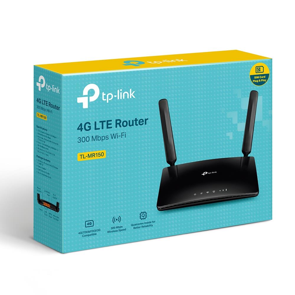 Wireless Router TP-LINK TL-MR150 Wi-Fi 4 (802.11n) Data speed 300 Mbit/s Ethernet WAN Yes DSL WAN Yes SIM card slot Yes WAN connection type RJ-45 Ethernet LAN Yes 3G Yes 4G Yes 4xLAN ports TL-MR150