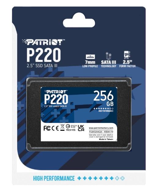 SSD PATRIOT P220 256GB SATA Write speed 490 MBytes/sec Read speed 550 MBytes/sec 2,5 TBW 120 TB P220S256G25