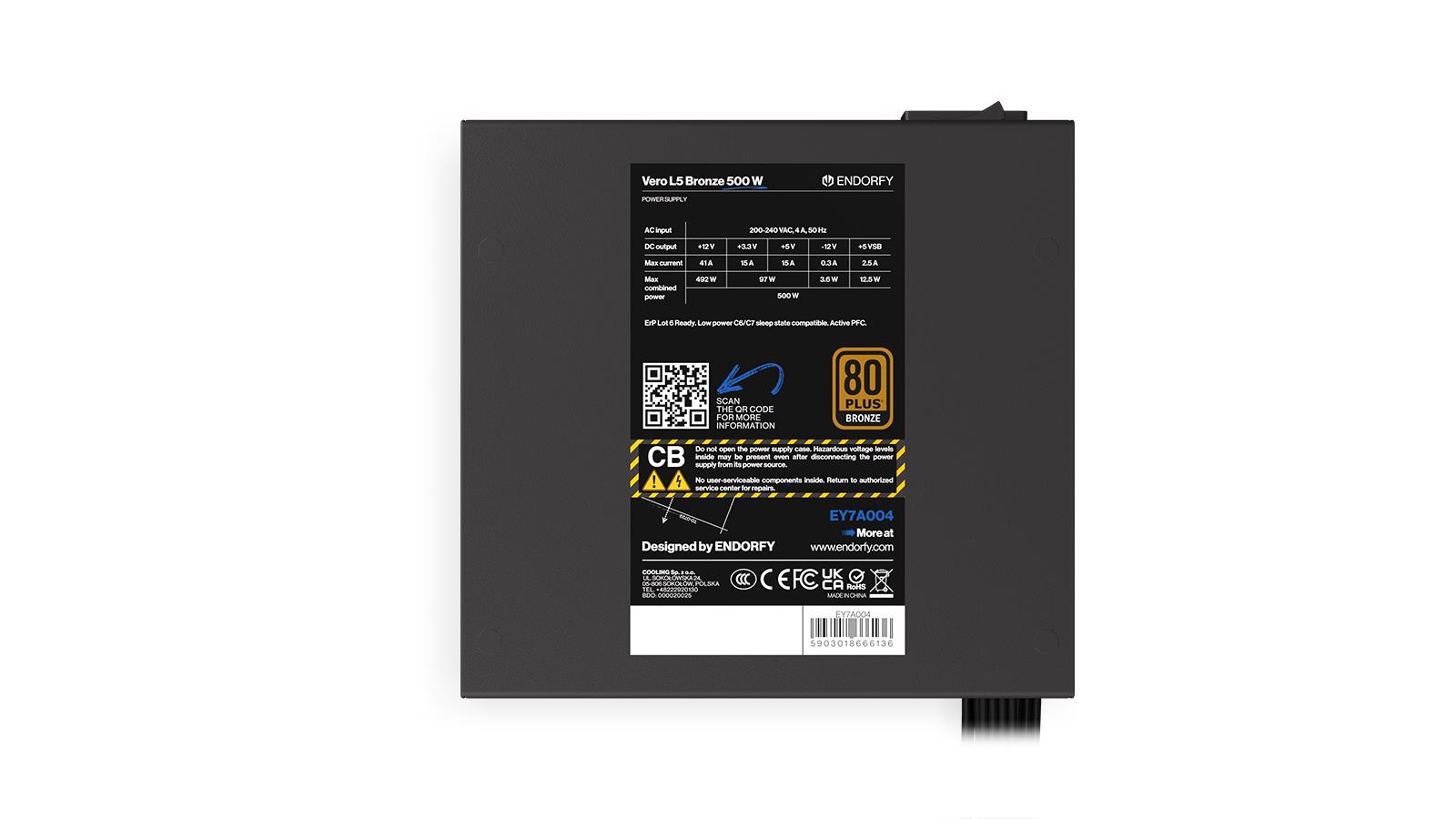 Power Supply ENDORFY Vero L5 Bronze 500 W 500 Watts Efficiency 80 PLUS BRONZE MTBF 80000 hours EY7A004