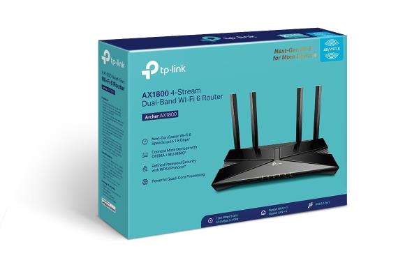 Wireless Router TP-LINK Archer AX1800 Wi-Fi 6 (802.11ax) Data speed 1775 Mbit/s Ethernet WAN Yes WAN connection type RJ-45 Ethernet LAN Yes 5xLAN ports USB port Yes ARCHERAX1800