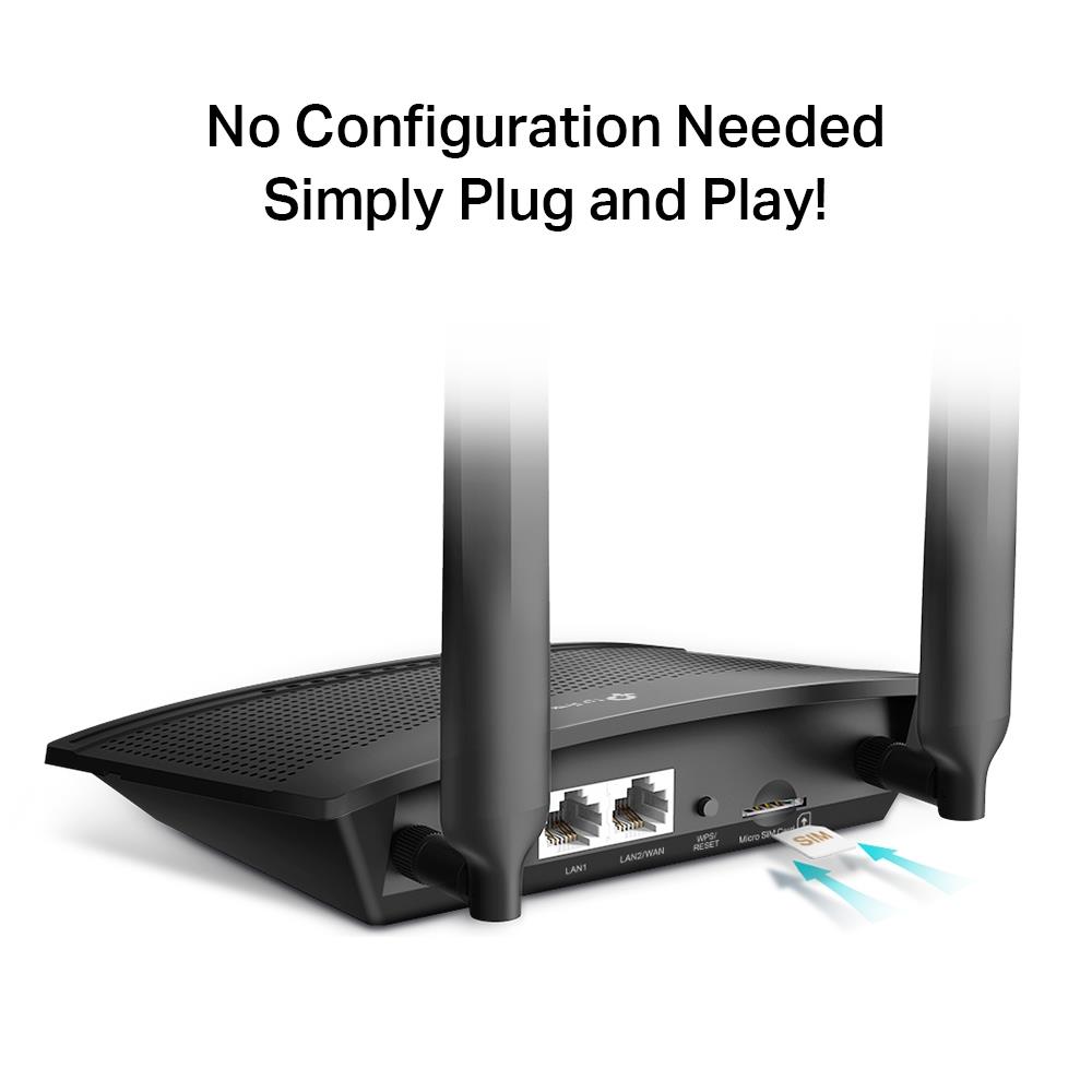 Wireless Router TP-LINK TL-MR100 Wi-Fi 4 (802.11n) Data speed 300 Mbit/s Ethernet WAN Yes SIM card slot Yes WAN connection type RJ-45 Ethernet LAN Yes 3G Yes 4G Yes 2xLAN ports TL-MR100