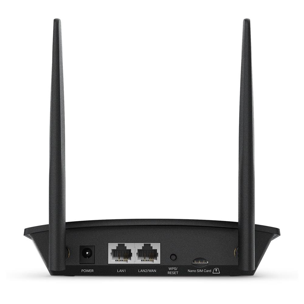 Wireless Router TP-LINK TL-MR100 Wi-Fi 4 (802.11n) Data speed 300 Mbit/s Ethernet WAN Yes SIM card slot Yes WAN connection type RJ-45 Ethernet LAN Yes 3G Yes 4G Yes 2xLAN ports TL-MR100