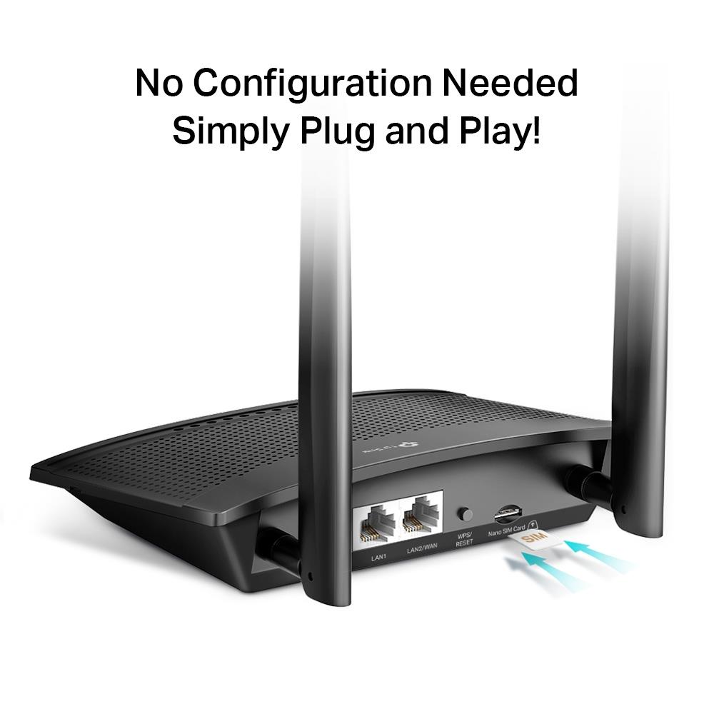 Wireless Router TP-LINK TL-MR100 Wi-Fi 4 (802.11n) Data speed 300 Mbit/s Ethernet WAN Yes SIM card slot Yes WAN connection type RJ-45 Ethernet LAN Yes 3G Yes 4G Yes 2xLAN ports TL-MR100