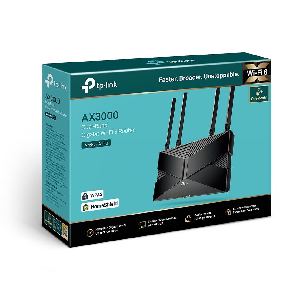 Wireless Router TP-LINK Archer AX53 Wi-Fi 6 (802.11ax) Data speed 2402 Mbit/s Ethernet WAN Yes WAN connection type RJ-45 Ethernet LAN Yes 4xLAN ports ARCHERAX53