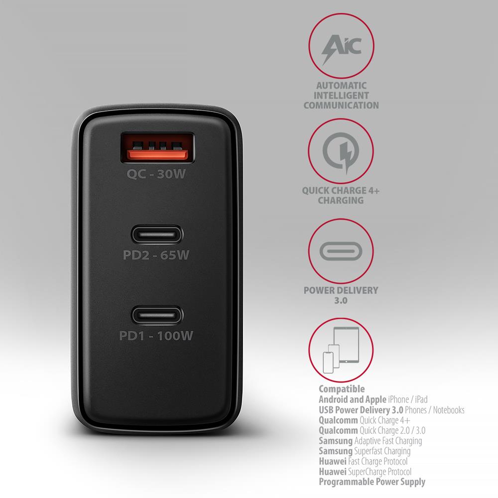MOBILE CHARGER WALL USB 100W/GAN 3PORT ACU-DPQ100 AXAGON