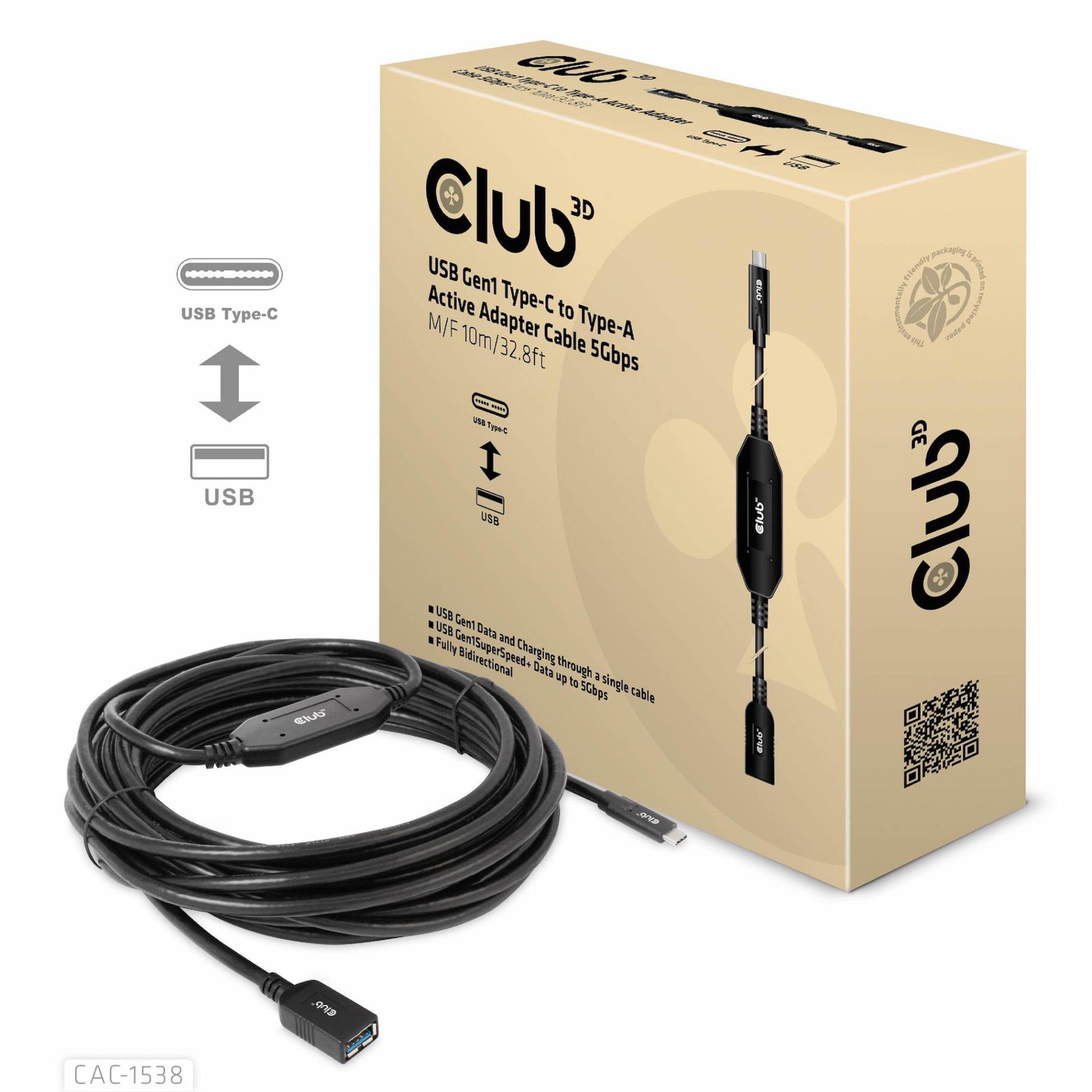 CABLE USB-C TO USB 10M/M/F CAC-1538 CLUB3D
