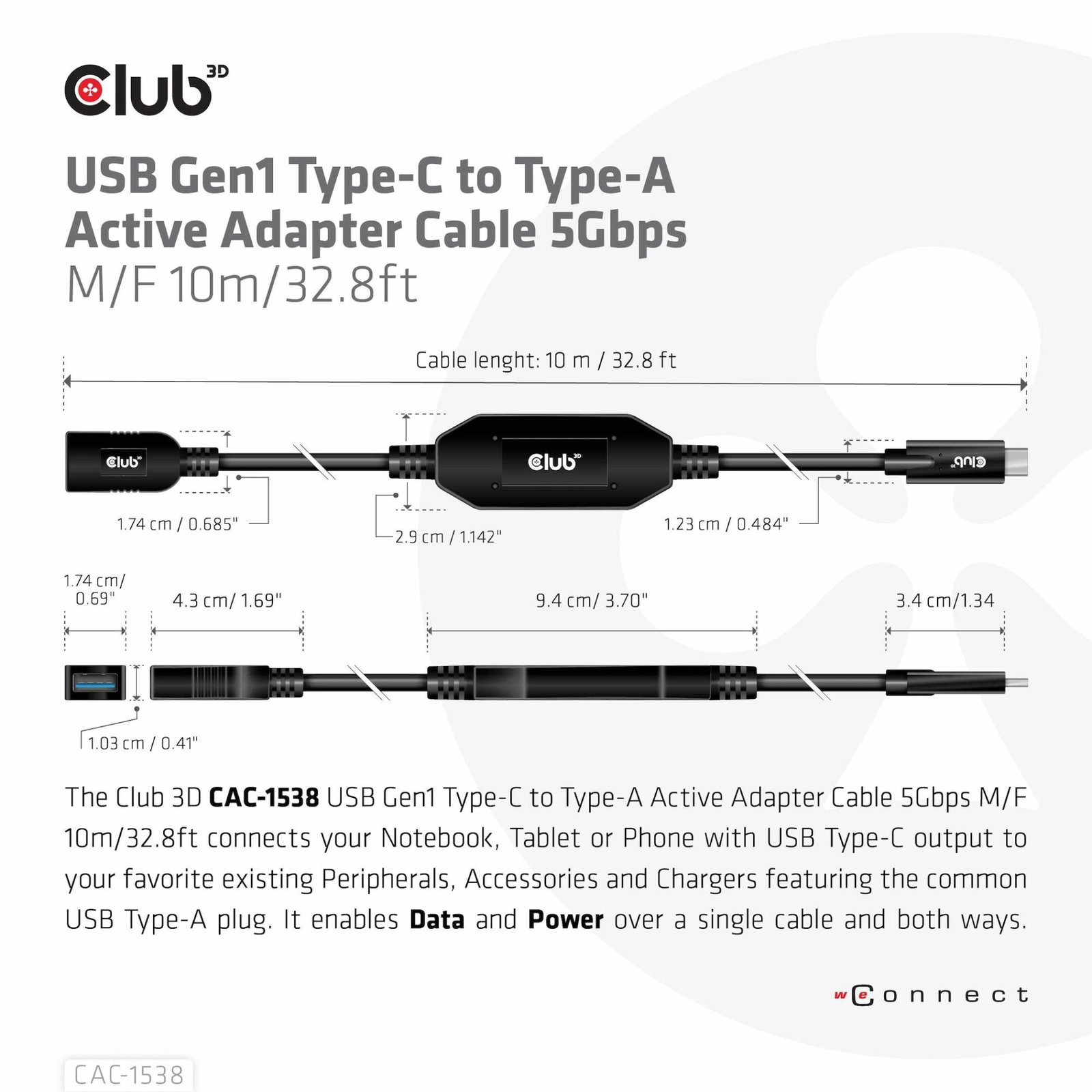 CABLE USB-C TO USB 10M/M/F CAC-1538 CLUB3D