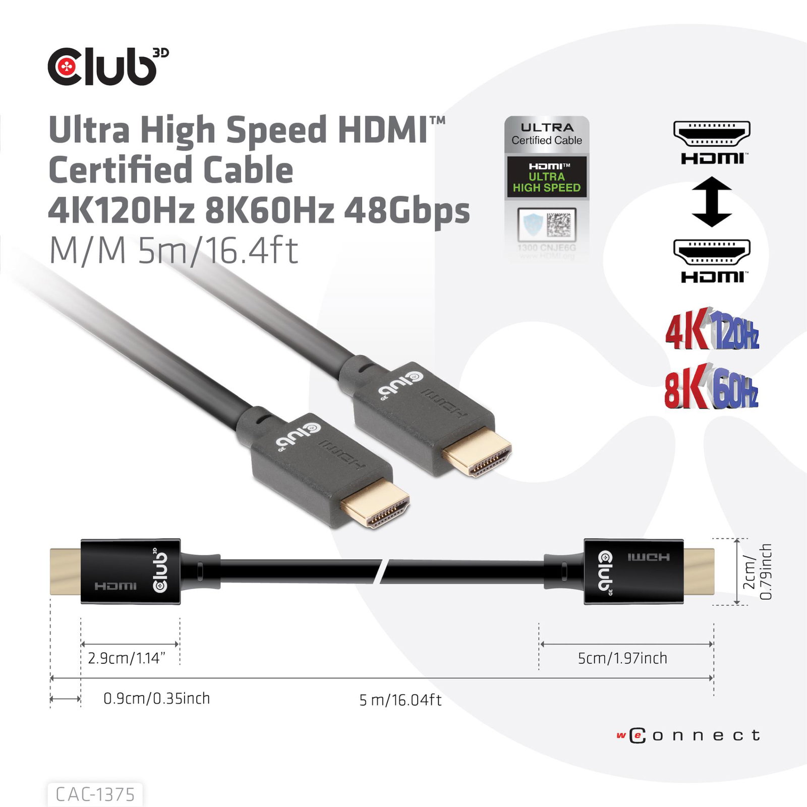 CABLE HDMI TO HDMI 5M/M/M CAC-1375 CLUB3D