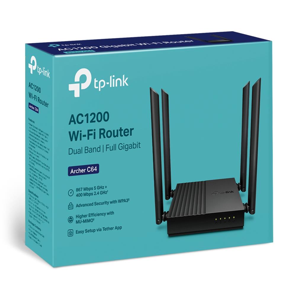 Wireless Router TP-LINK Wi-Fi 5 (802.11ac) Data speed 1200 Mbit/s Ethernet WAN Yes Ethernet LAN Yes 4xLAN ports ARCHERC64