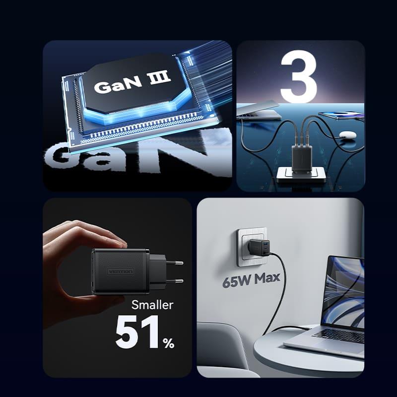 MOBILE CHARGER WALL 65W USB/3P BLACK FERB0-EU VENTION