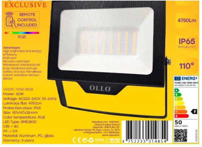 Lamp OLLO Power consumption 50 Watts Luminous flux 4750 Lumen AC220-240V Beam angle 110 degrees VS121C-50W-RGB
