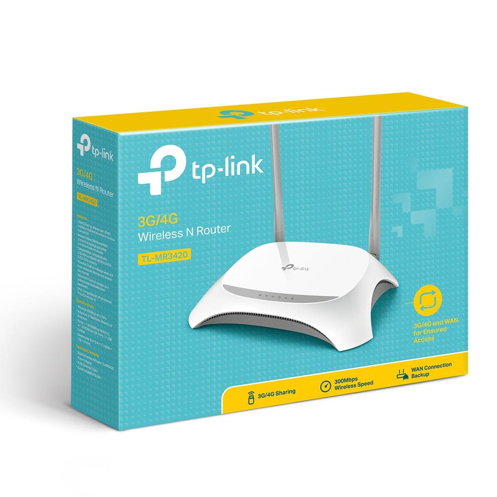 Wireless Router TP-LINK TL-MR3420 Wi-Fi 4 (802.11n) Data speed 300 Mbit/s Ethernet WAN Yes WAN connection type RJ-45 Ethernet LAN Yes 4xLAN ports USB port Yes TL-MR3420