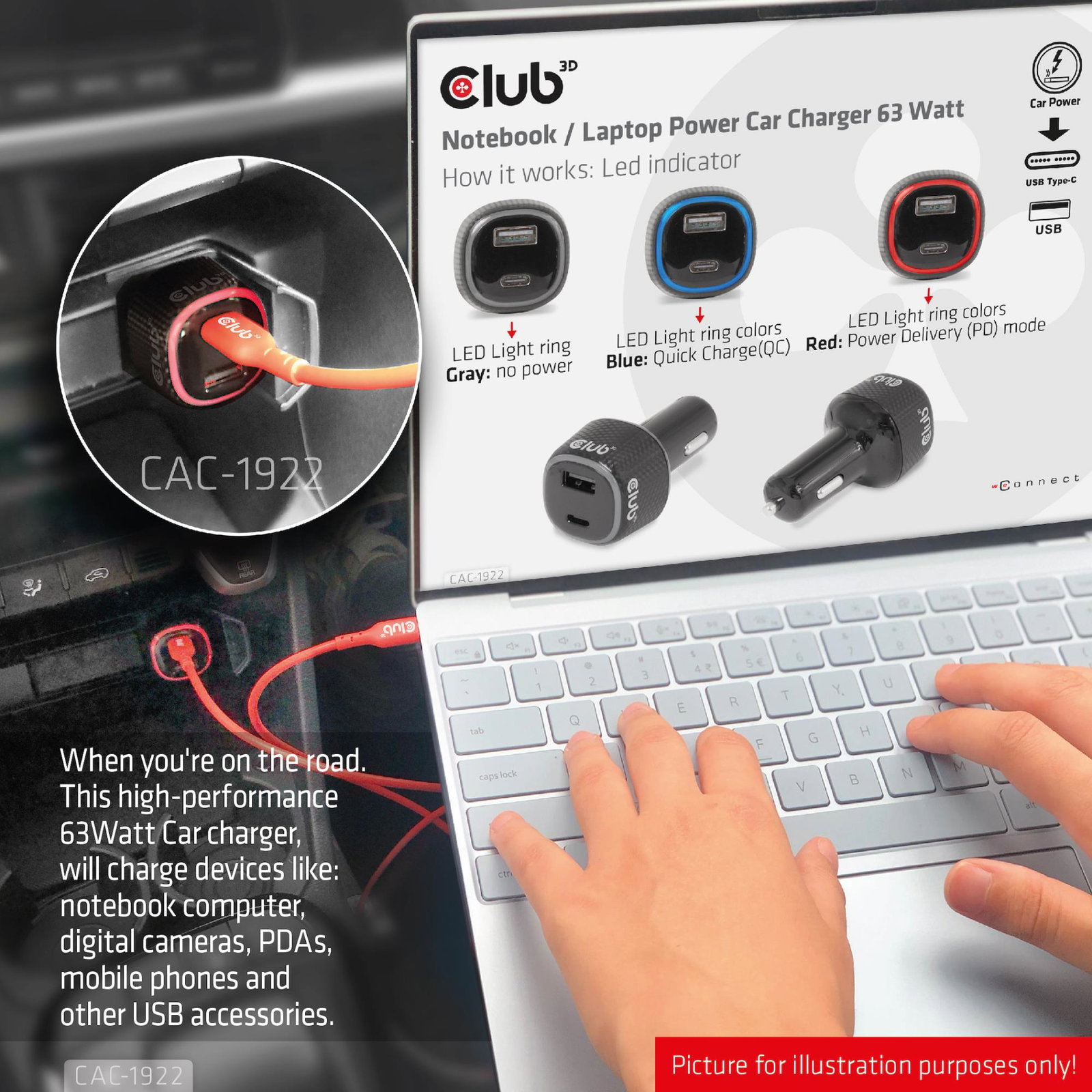 NB CHARGER CAR USB+USB-C/63W CAC-1922 CLUB3D